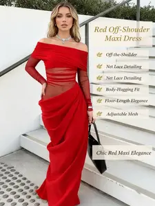 Women’s Red One-Shoulder Mesh Cutout Slim-Fit Floor-Length Dress, 2026 Fashion Party Style, Bodycon Long Formal Gown, Summer Wear, Adjustable Mesh, Bridal Wedding Dress