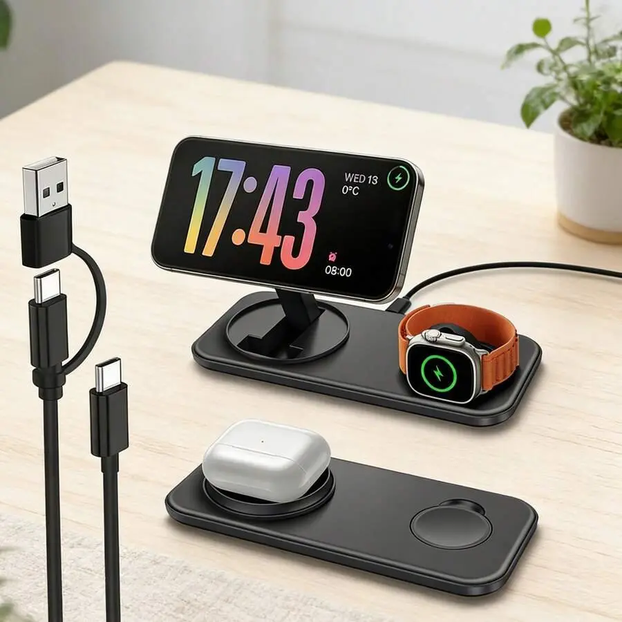Magnetic Wireless Charger Station for Apple, 2 in 1 Foldable Fast Charging Dock  for iPhone 17/16/15/14/13/12/11/X/XS/XR/8 Series, Dual Charger Pad for Apple Watch Ultra/11/10/9/8/7/SE/6, AirPods