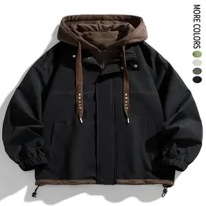 Men's Colorblock Letter Pocket Drawstring Hooded Jacket, Regular Fit Casual Windproof Long Sleeve Hoodie Jumper  Fall & Winter, Men's Clothes  Daily Wear, Fall Clothes 2024 Tops, Waterproof Jacket for