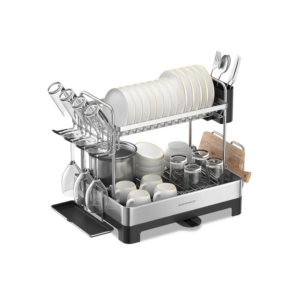 SONGMICSHOME Stainless Steel Countertop Dish Rack - Adjustable Rectangle 2-Layer Space-Saving Kitchen Organizer with Rotatable-Extendable Spout, Cup Holder, Draining Boards, Sink-Direct Drain, Durable Daily Wear Resistance