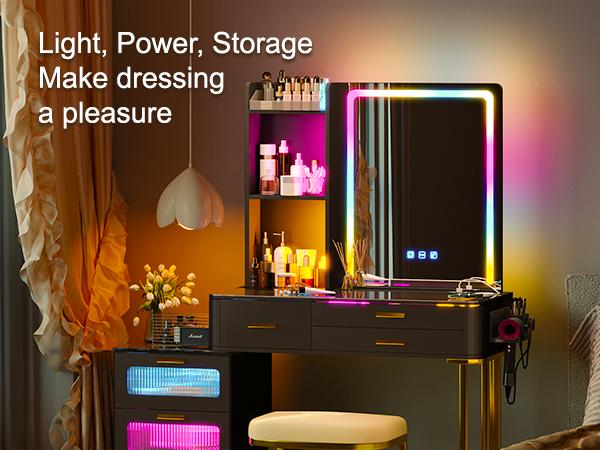 Miu Vanity Set with 24-Color RGB Lights, Wireless Charging, HD Mirror, 6-Drawer Chest & Big Storage Furniture Organizing - Modern