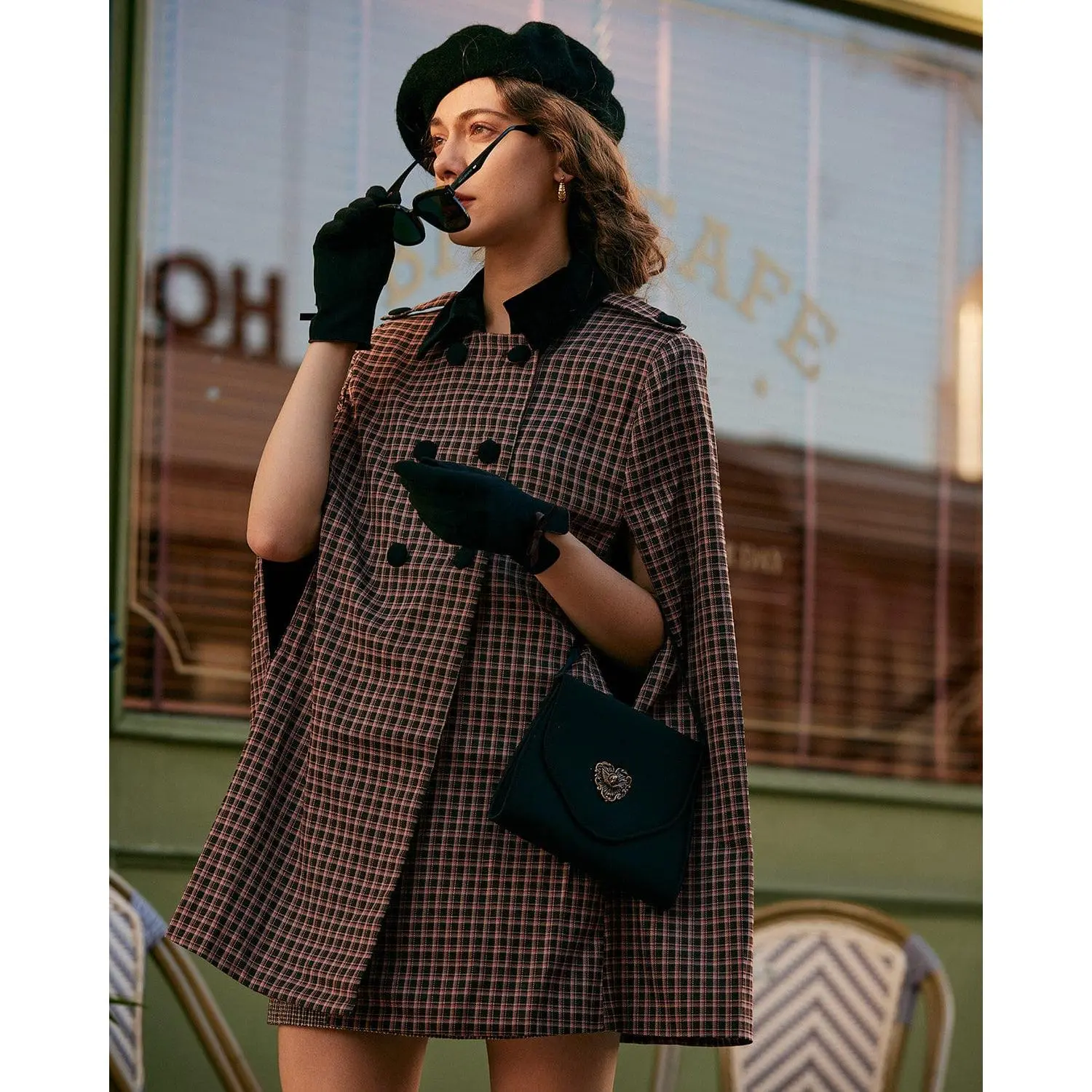 RIHOAS Women's Vintage Plaid Cotton Blend Cape Coat - Lapels Add Polish, Double-Breasted, Regular Fit, Confident Cape Cut, Comfortable Lightweight Eco-Friendly Casual Clothes