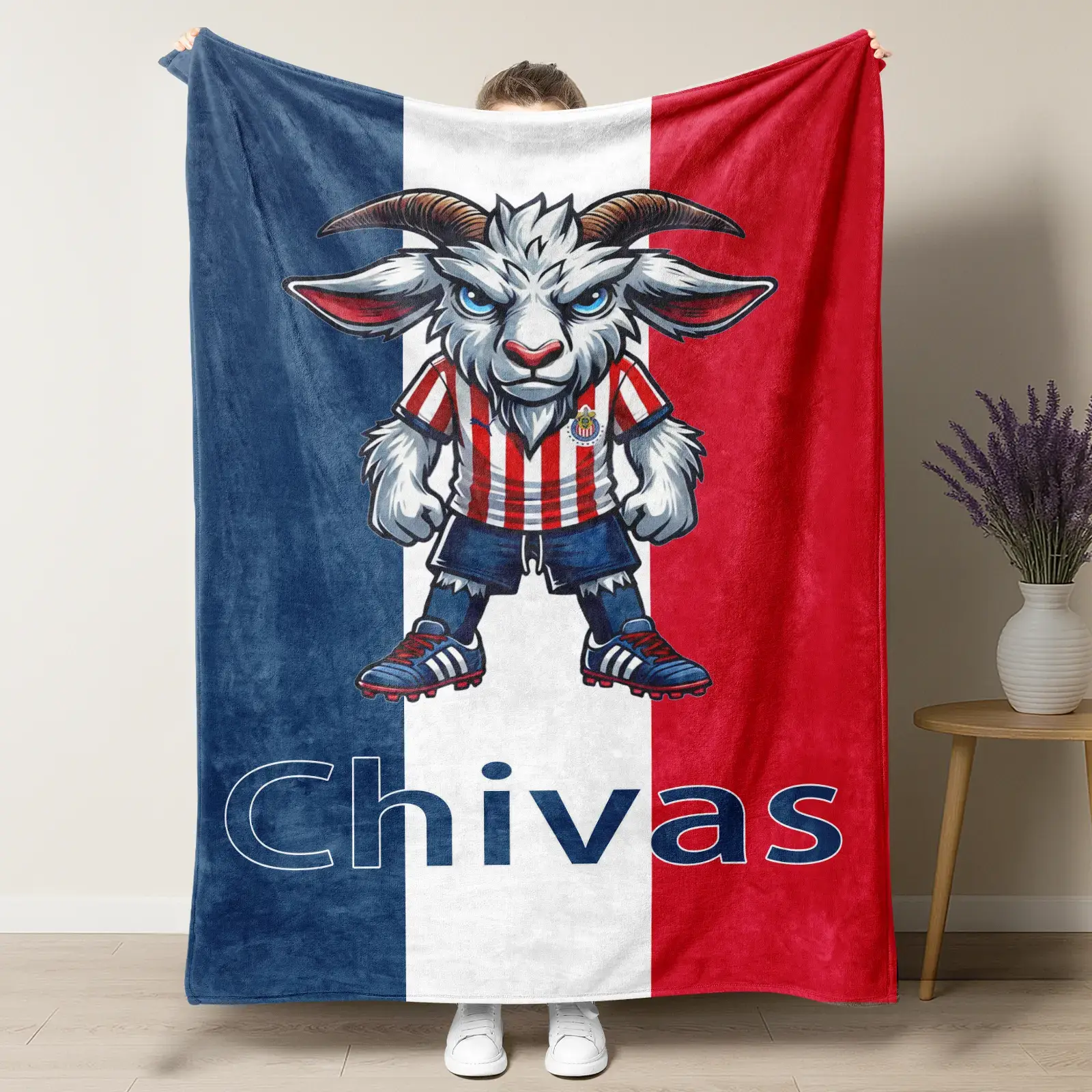 Chivas Goat Mascot Football Throw Rug - Bold Design, Wrinkle Resistant, Breathable, Cartoon Goat Print, Red-White-Blue Chivas Striped Background, Ideal for Football Fans, Sofa/Bed Decoration