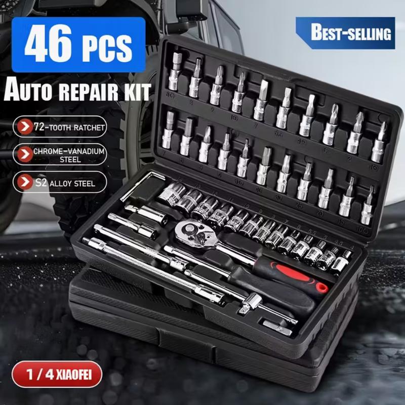 46 PCS Household Car Maintenance Tool Set - Ratchet Torque Wrench and Screwdriver Toolbox, Motorcycle Tire and Hub Maintenance Kit, Portable Bicycle Maintenance Socket Wrench