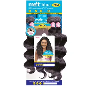 Janet Collection Melt Blue 100% Remy Human Hair NATURAL BODY Weave 3pcs + 4x5 Free Part Closure