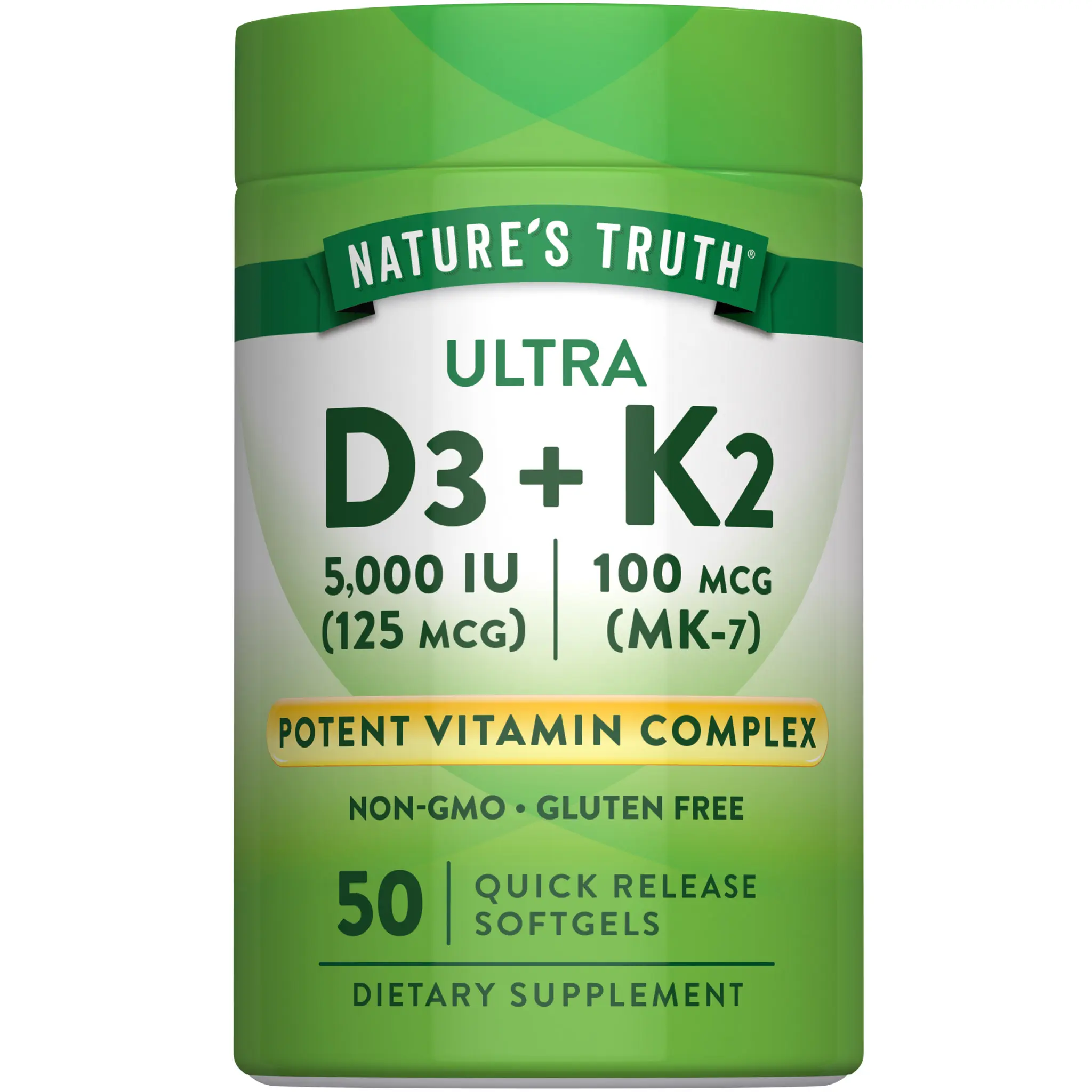 Nature's Truth Vitamin K2 100mcg + D3 5000IU - 50 Softgels - Non-GMO & Gluten Free Supplement