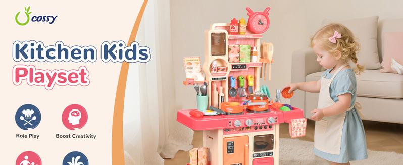 cossy Kids Play Kitchen,Toddler Kitchen with Sound and Light,Cooking Stove with Steam,Play Food Toy and Kitchen Accessories,Play Kitchen for Toddlers,Pink