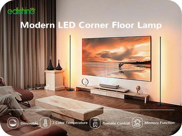 EDISHINE Corner Floor Lamp Minimalist Dimmable Lighting with Remote Standing LED 57.5 Inches Tall for Living Room Bedroom Home Office 7 Color Temperature 2700-6000K  HLFL02P Eye-Caring Cozy Light RF-433 Remote Control