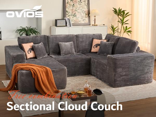 【3 Packages Shipping】Ovios 110" Sectional Cloud Couch for Living Room, Modular Floor Sofa with Plush Corduroy, No Assembly Required, Big Comfy Couches Set with Fluffy Memory Foam, Stupendous U Shaped Sofas with Chaise