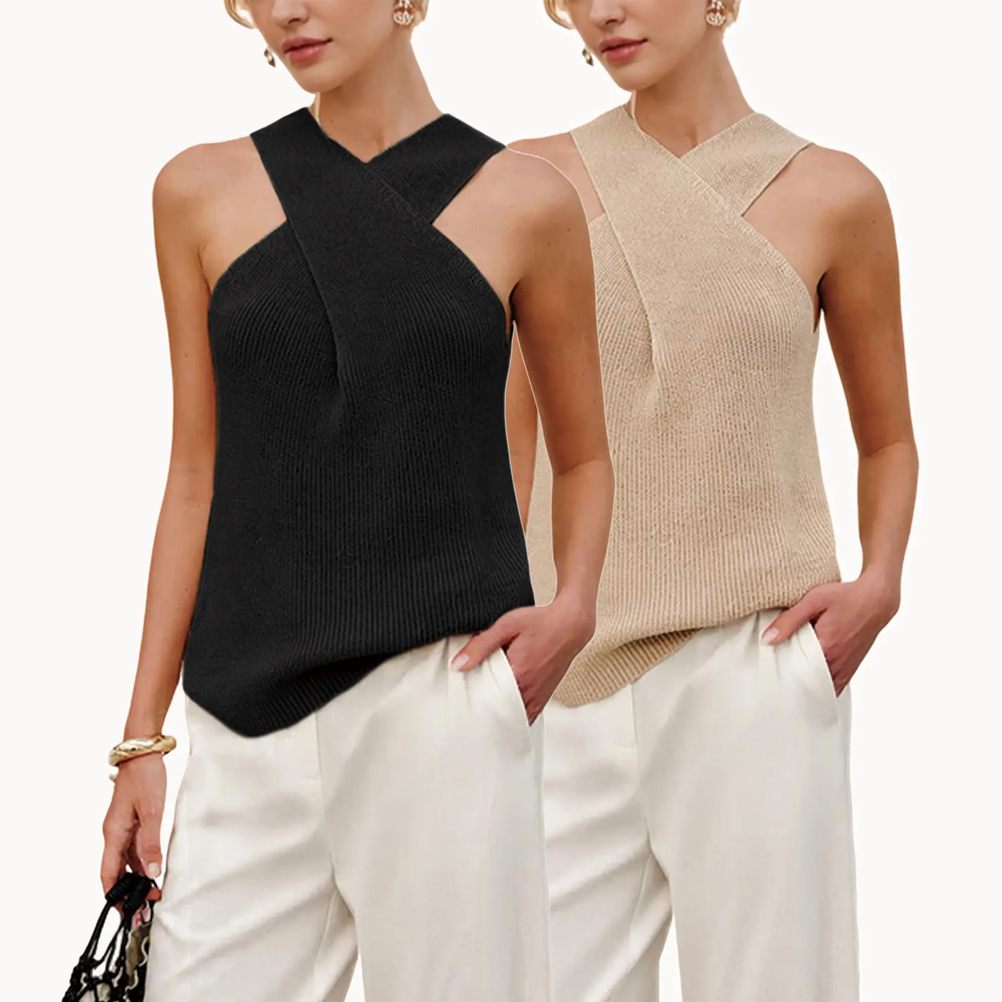 Tanming Women's Halter Cross Neck Knit Top - Shoulder Flattering Criss Cross Ribbed Tank Top Elegant Slim Fit Sleeveless Date Night Shirt,summerwins,summeroutfits,vacationoutfits,beachoutfits