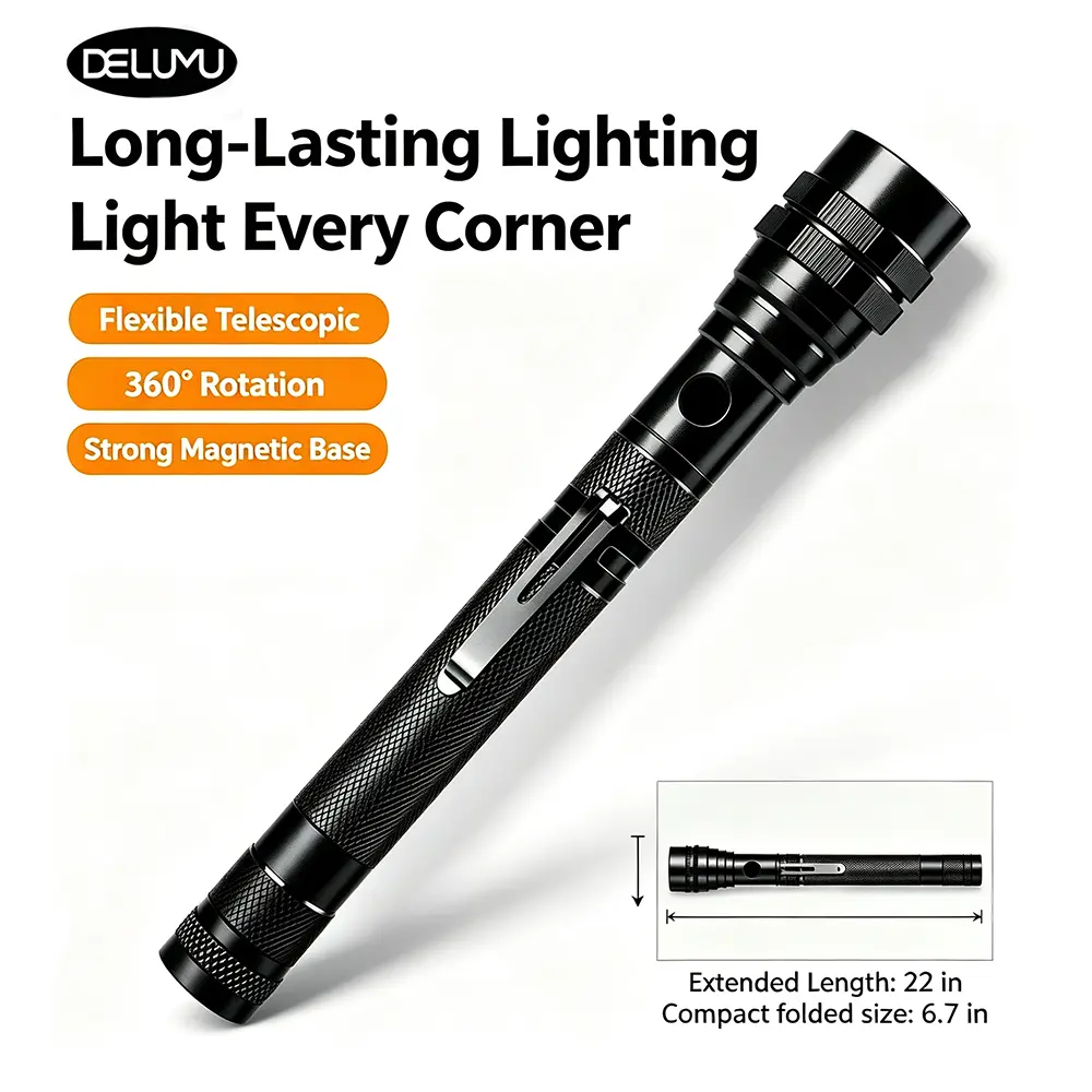 DELUMU Extendable LED Magnetic Flashlight, 22-Inch Flexible Telescopic Work Light with Magnetic Pickup Tip for Auto Repair, Garage & Home Maintenance Portable