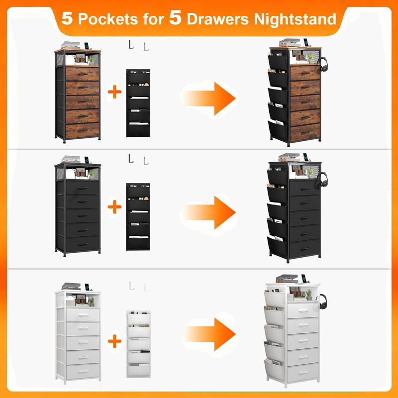 [with Free Gifts] Raybee LED Nightstand with Charging Station, Set of 1-2 Side Table with 5 Dresser Drawers, Tall LED Nightstands with USB Ports & Outlets, White End Table with Side Bag & Storage Shelf, Bedroom Furniture, Cabinet