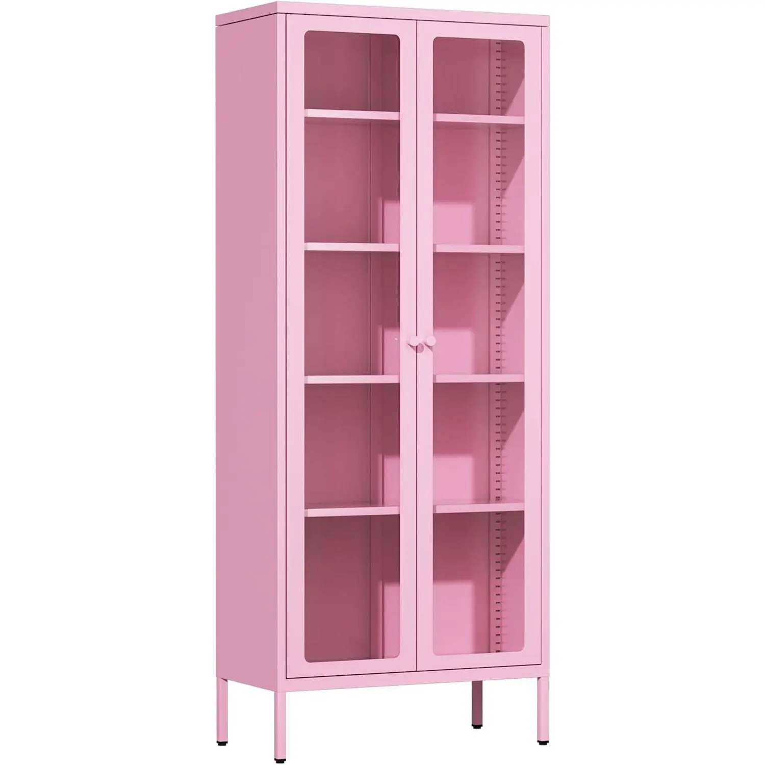 INTERGREAT Metal Storage Cabinet with Glass Doors, Display Curio Glass Cabinet with 4 Adjustable Shelves, Tall Modern Office Storage Cabinets for Home Office, Living Room, Pantry(Pink)