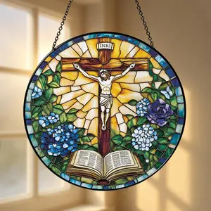 Christian Stained Acrylic Suncatcher, Jesus on Cross Acrylic Window Decor