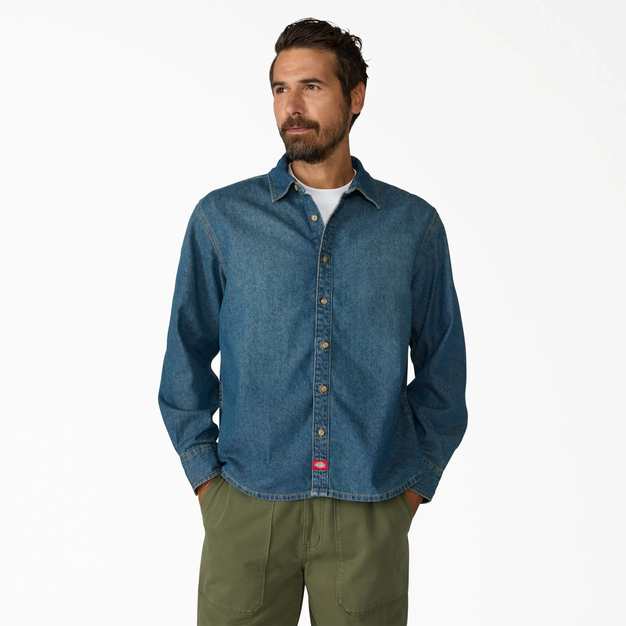 Dickies Lightweight Long Sleeve Denim Shirt, 100% Cotton, Lightweight Denim Fabric, Workwear Casual Everyday Style Classic Menswear