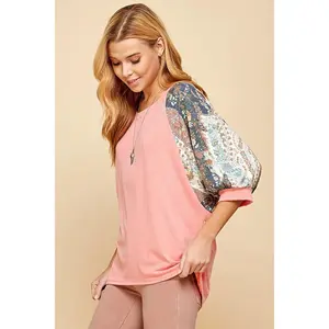 Plus Size Floral Dolman Sleeves Contrast Top