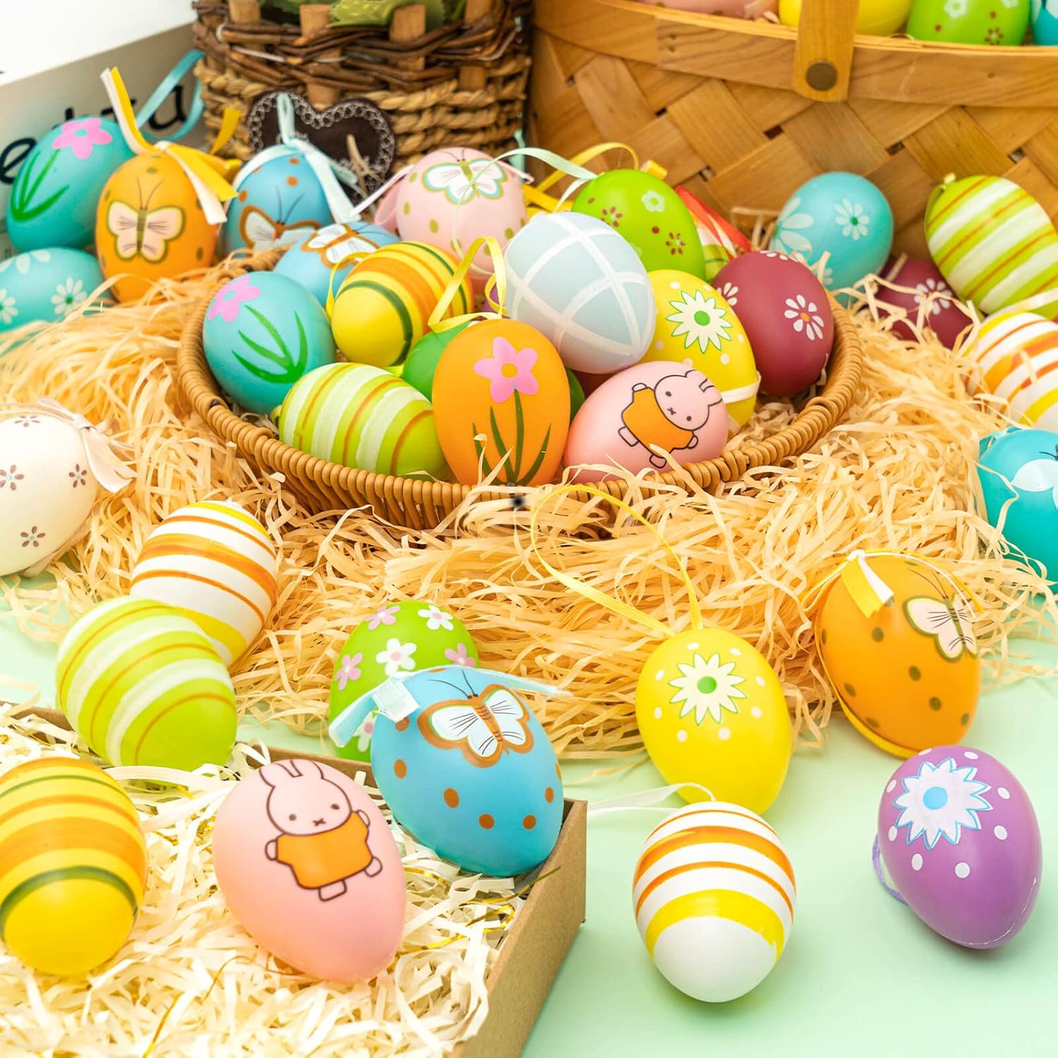 24 Pcs Easter Hanging Eggs, Multicolored Plastic Easter Egg Hanging Ornaments, Decorative Hand Painted Ball DIY Crafts Tree Ornaments for Decoration, Random Styles