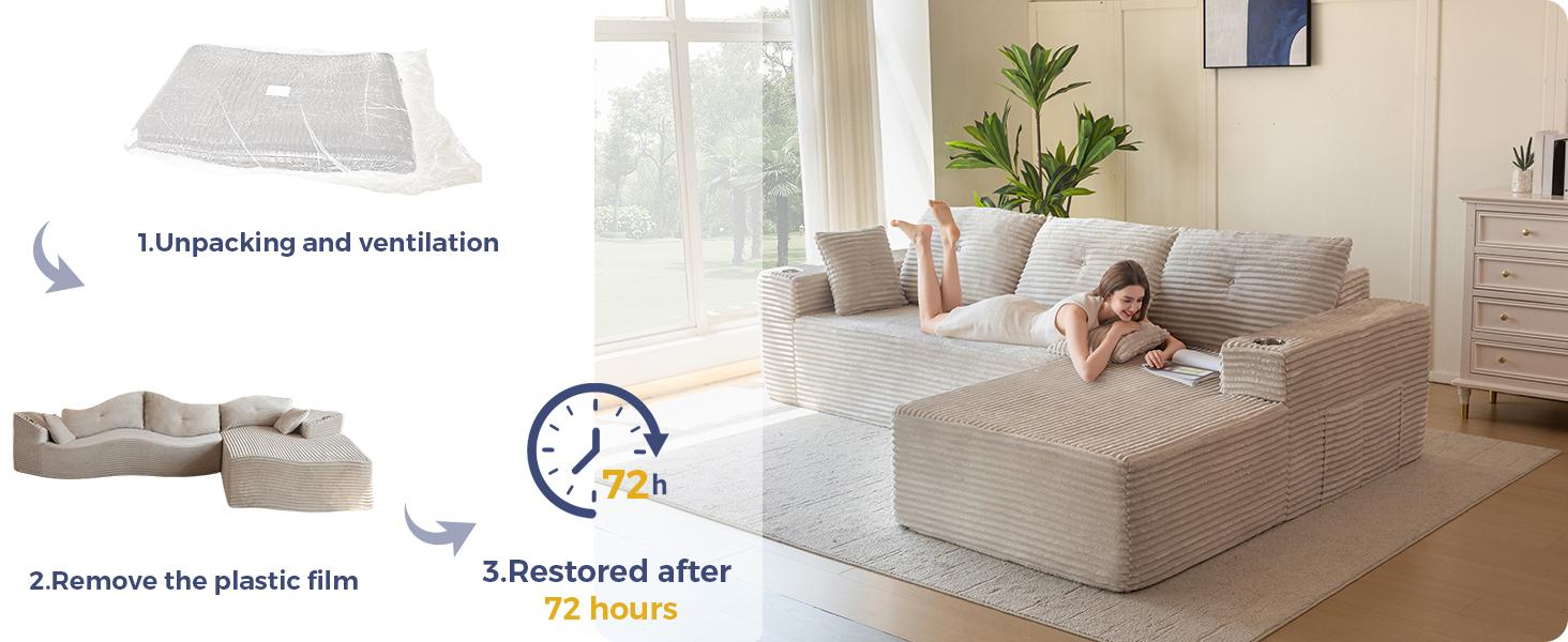【2 Package Shipping】MAXYOYO 104" Plush Corduroy Cloud Velvet Modular Sectional Couch with L-Shape Chaise, No Assembly Required - Modern Boneless Couch for Living Room, Sofa in A Box, Oversized Sofa Sleeper with Deep Seat