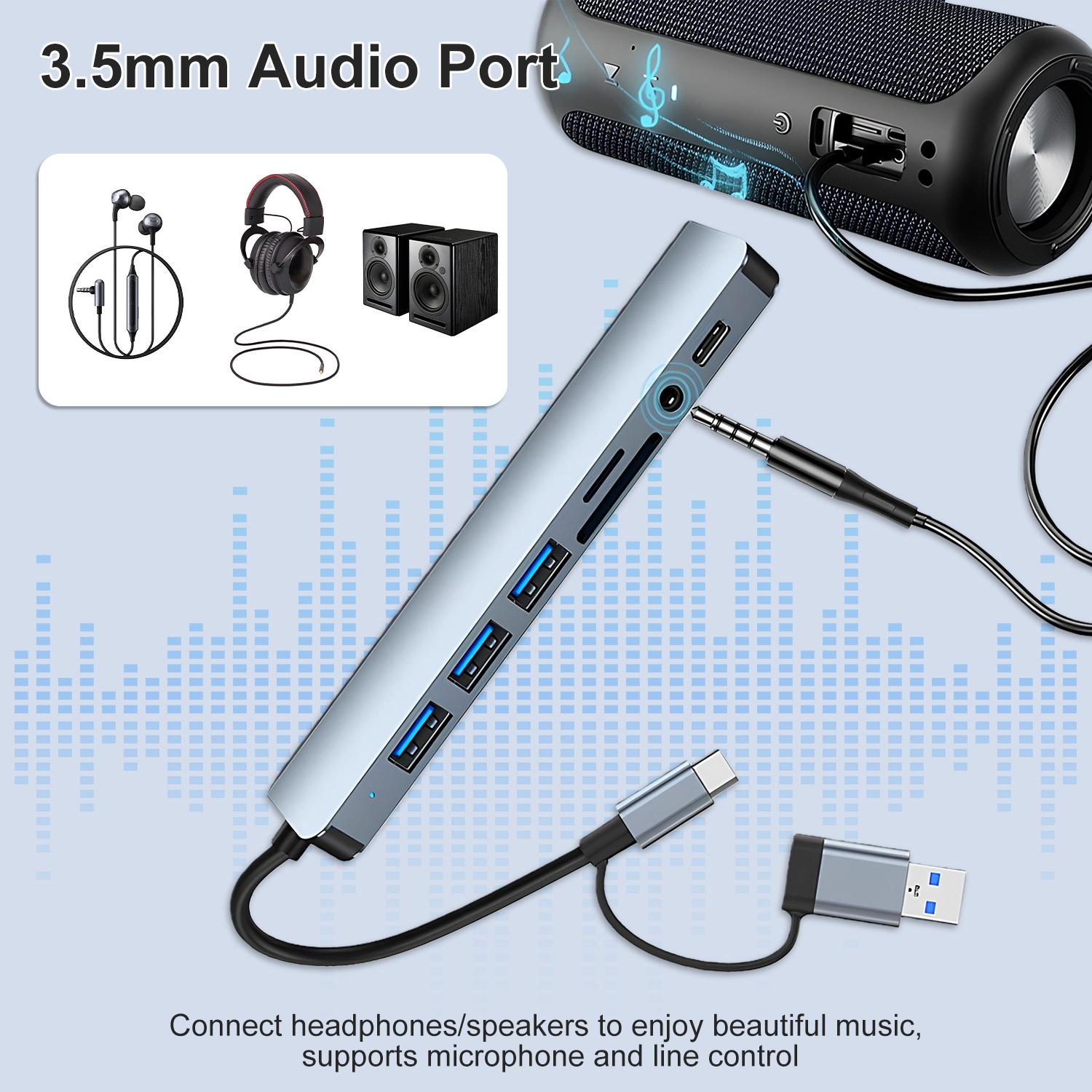 USB C Hub USB Hub 3.0, Aluminum 8 in 1 USB Extender with SD/TF Card Reader, 3.5mm Aux Headphone Jack for MacBook Pro Air and More PC/Laptop/Tablet Devices