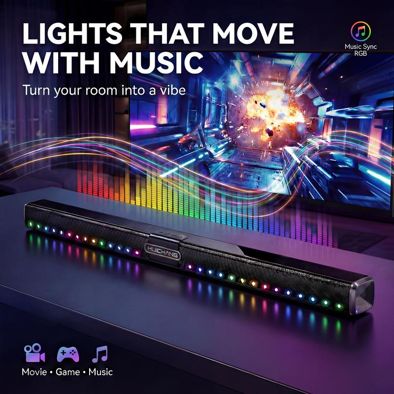 HUICHANG 10-Speaker RGB Soundbar – Wireless Bluetooth 5.3 Slim 34.6” Design,  Deep 9D Bass, TWS Stereo, Piano Black Finish, AUX/USB/Coaxial Inputs, Perfect for Home Theater, TV, Gaming & Party Smartphone Audio，Black Friday, gifts，New Year's Party