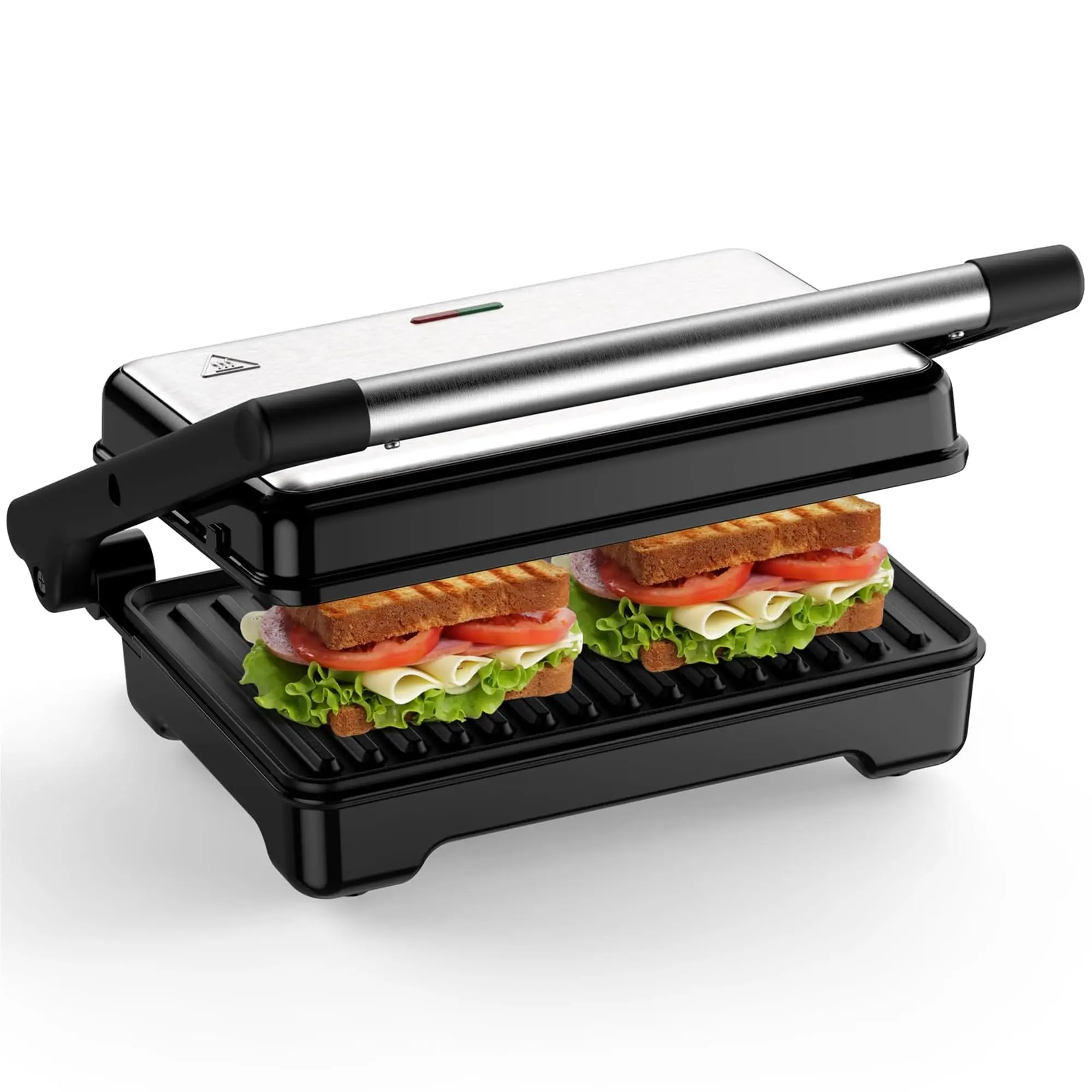 YASHE Kitchen Panini Press Grill, 1200W Sandwich Maker with Non-Stick Cast Aluminum Plates, Cool-Touch Handle, Preheat Light Cue, 2-Bread-Slice Capacity, 180-Degree Opening, Easy-to-Clean, Versatile Electric Grill for Back-to-School Use, Cooltouch Handle