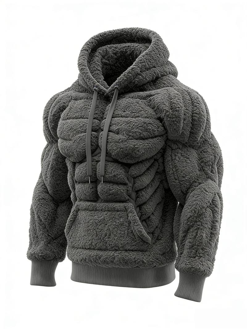 Men's Muscle Hoodie-Plush Fleece Sweatshirt for Outdoor,2D Street Style Muscle Line Fuzzy Cotton Blend Hoodie