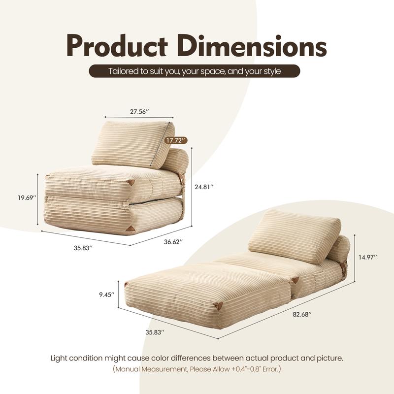 【Jumpstart Sale】Ovios Convertible 3 in 1 Folding Sofa Bed 36" W Boneless Chaise Lounge with Pillow & Lumbar Support for Living Room & Bedroom - No Assembly Required
