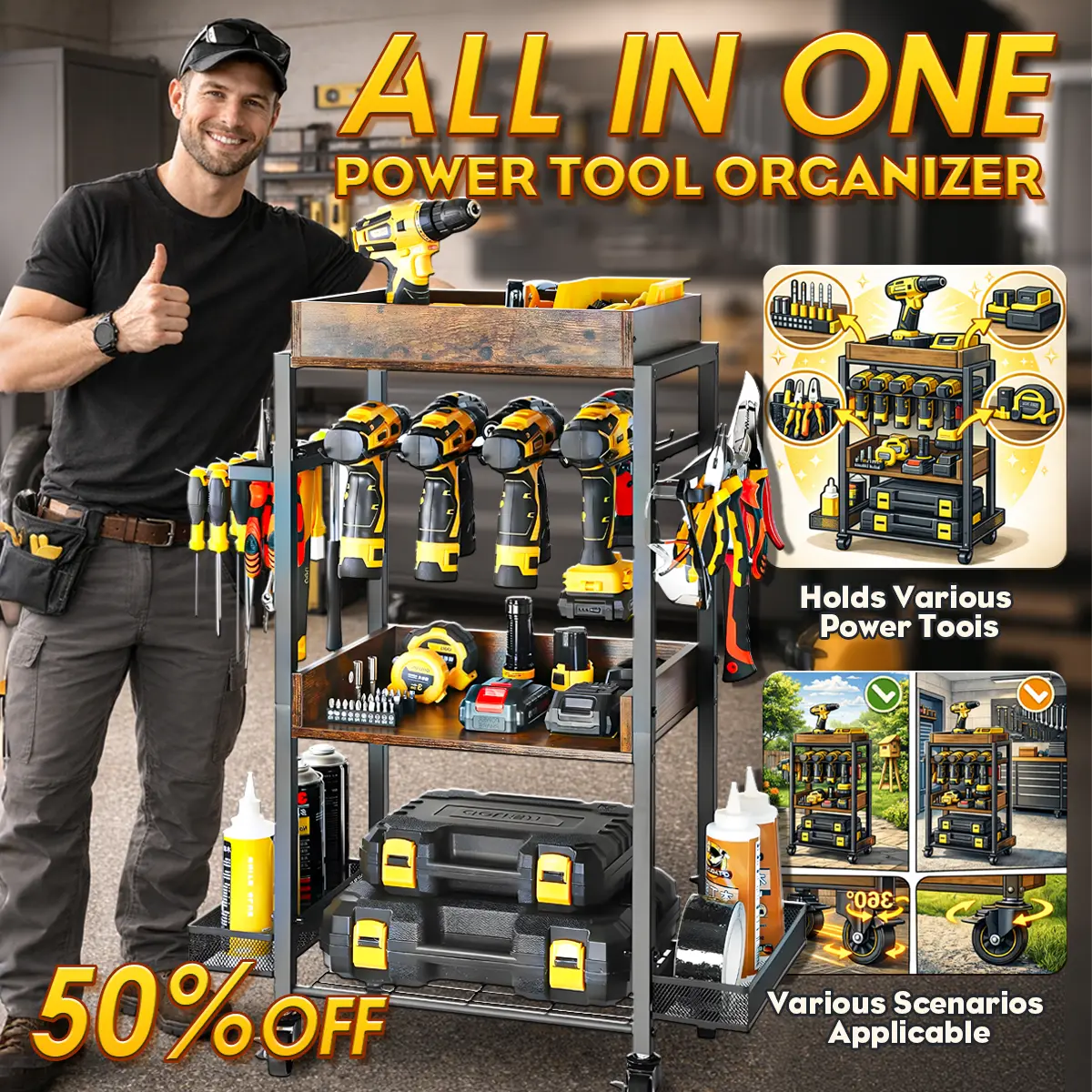 All-in-One Power Tool Organizer with Rolling Wheels, Garage Tool ...