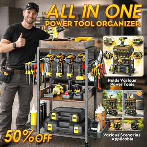 All-in-One Power Tool Organizer with Rolling Wheels, Garage Tool Storage Rack with Drill Holder, Heavy Duty Tool Cart Organizer for Garage Workshop, 3-Tier Tool Storage Shelf with Hooks for Power Tools, Batteries, Screwdrivers and Tool Boxes