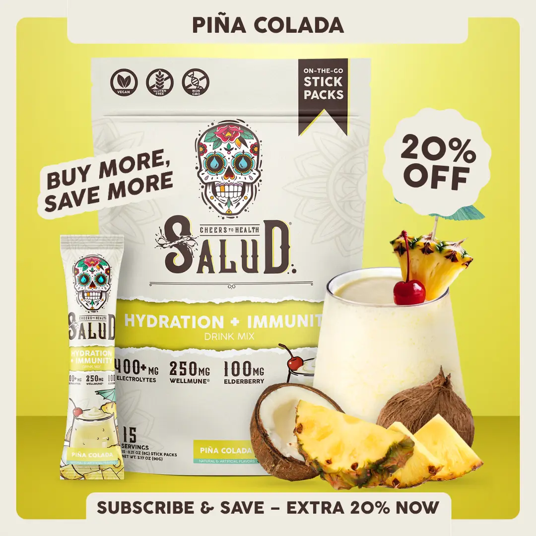 Salud 2-in-1 [Hydration + Immunity - Piña Colada] Electrolytes Powder, Agua Fresca Drink Mix, Elderberry, Dairy & Soy Free, Non-GMO, Gluten Free, Vegan, Low Calorie, 1g Sugar (15 Servings)