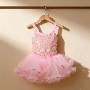 Girls Sequin Ballet Tutu Dress Hot Pink Ruffle Trim Dance Recital Dress