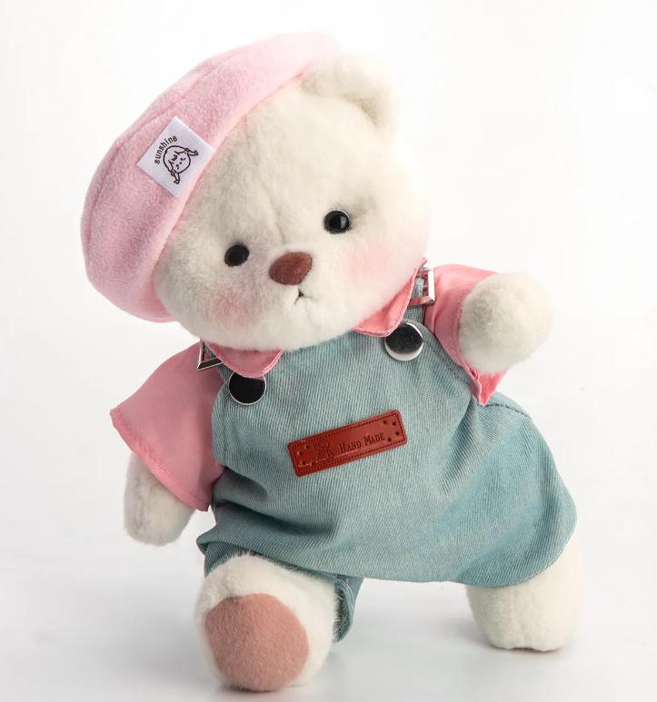 Getahug Pink Beanie Oueralls Bear Handmade Dotted Teddy Bear Gift with Blue Overalls and Pink Shirt ,stuffed animals, plushies