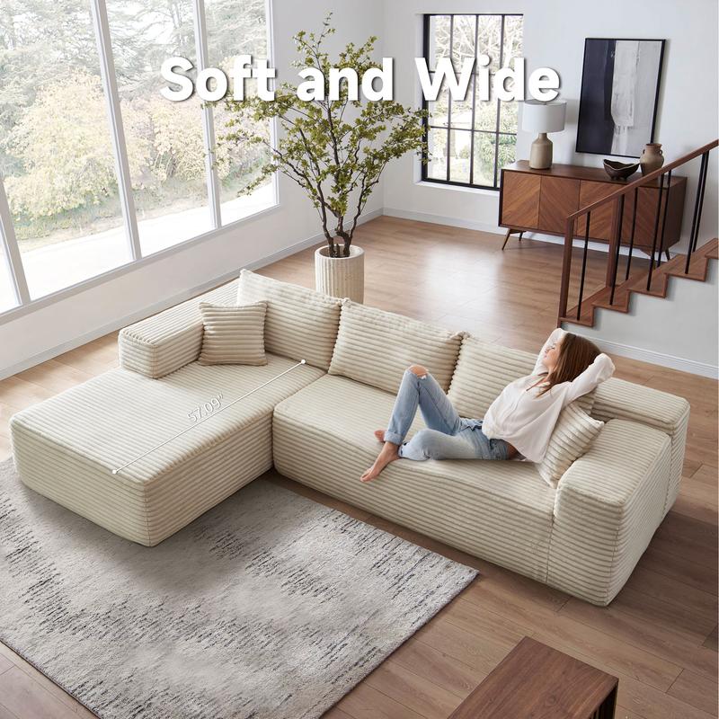 【3 Packages Shipping】Ovios 104" Modular Couch with Chaise and 49'' Boneless Chaise Lounge - L-Shaped Sectional Sofa Set with Flexible Configuration, Plush Corduroy Cloud Velvet Fabric,No Assembly Required, 5 Seater