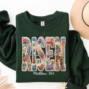 He Is Risen Faux Yarn Sweatshirt: Floral Spring Pearl Easter Crewneck
