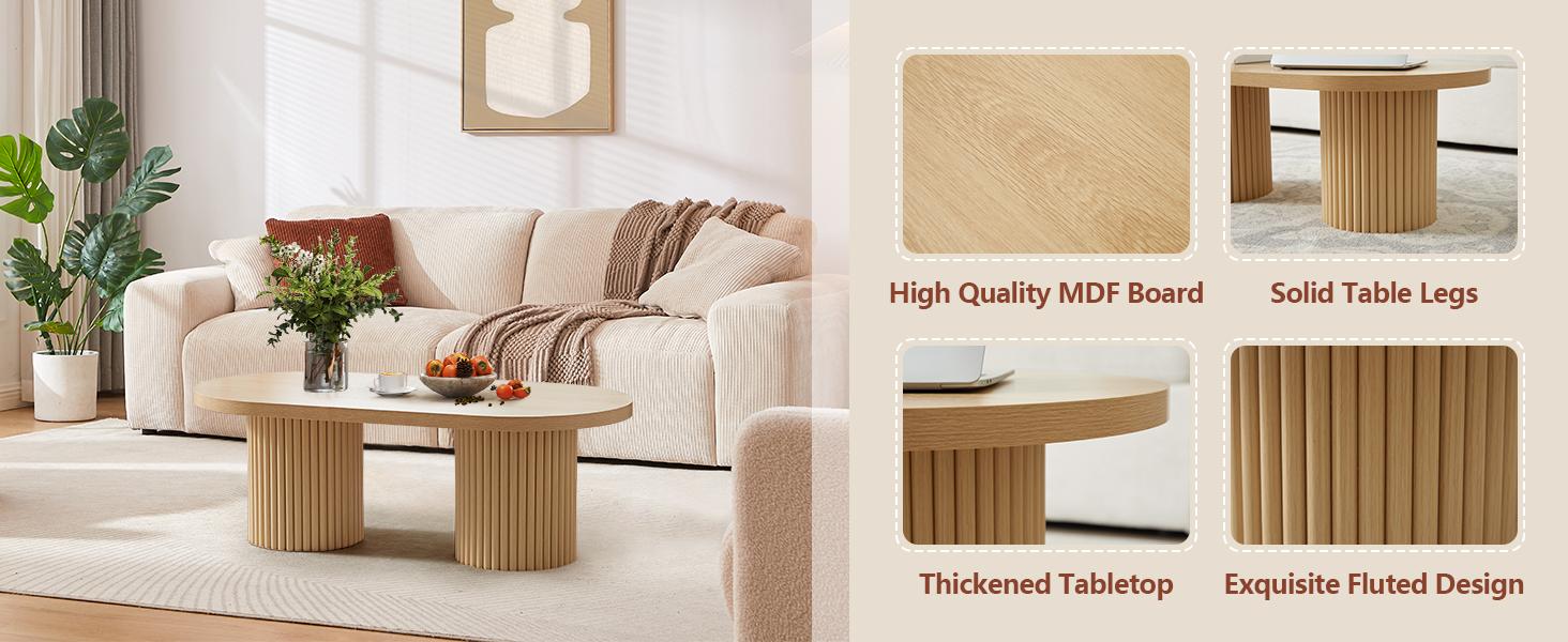 Giratree 39.38" Fluted Oval Coffee Table for Living Room, Boho Modern Coffee Table with Fluted Legs, Curved Round Wood Center Table for Home, Small Spaces, Office
