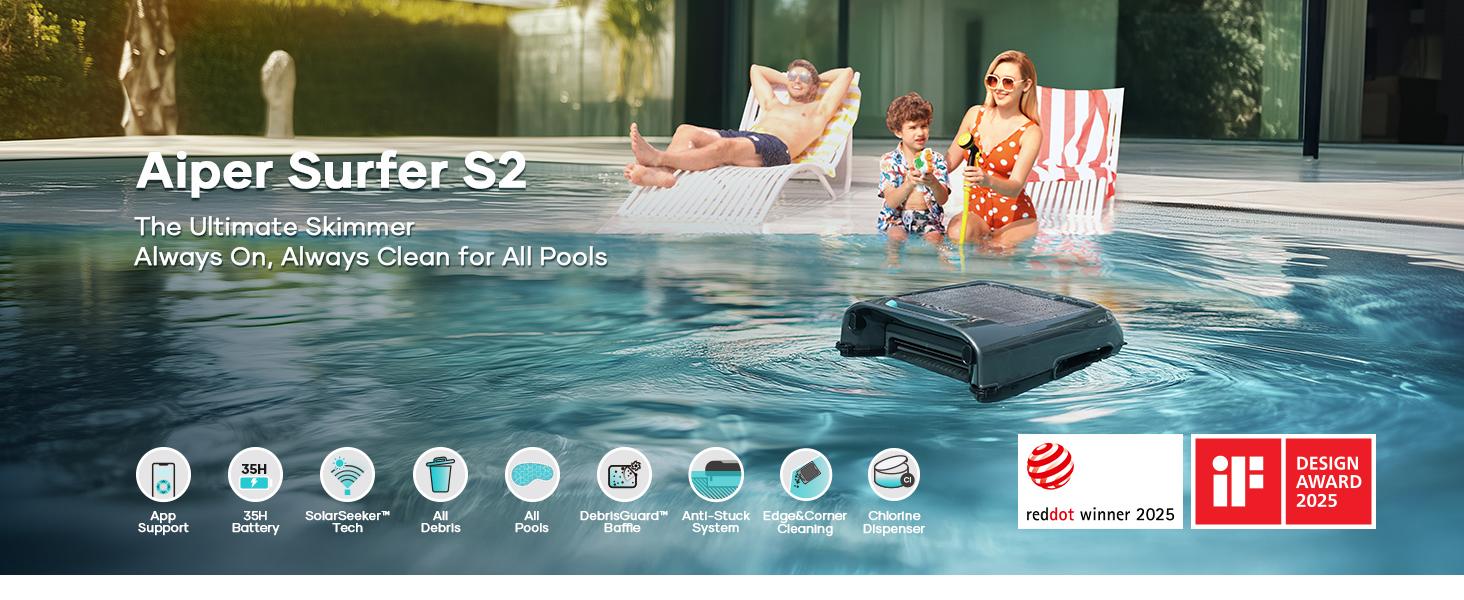 AIPER Surfer S2 Solar Pool Skimmer with APP Support, 24/7 Cleaning, Dual Charging Modes, Smart Obstacle Avoidance, Ideal for All Swimming Pool Types #dealsforyoudays