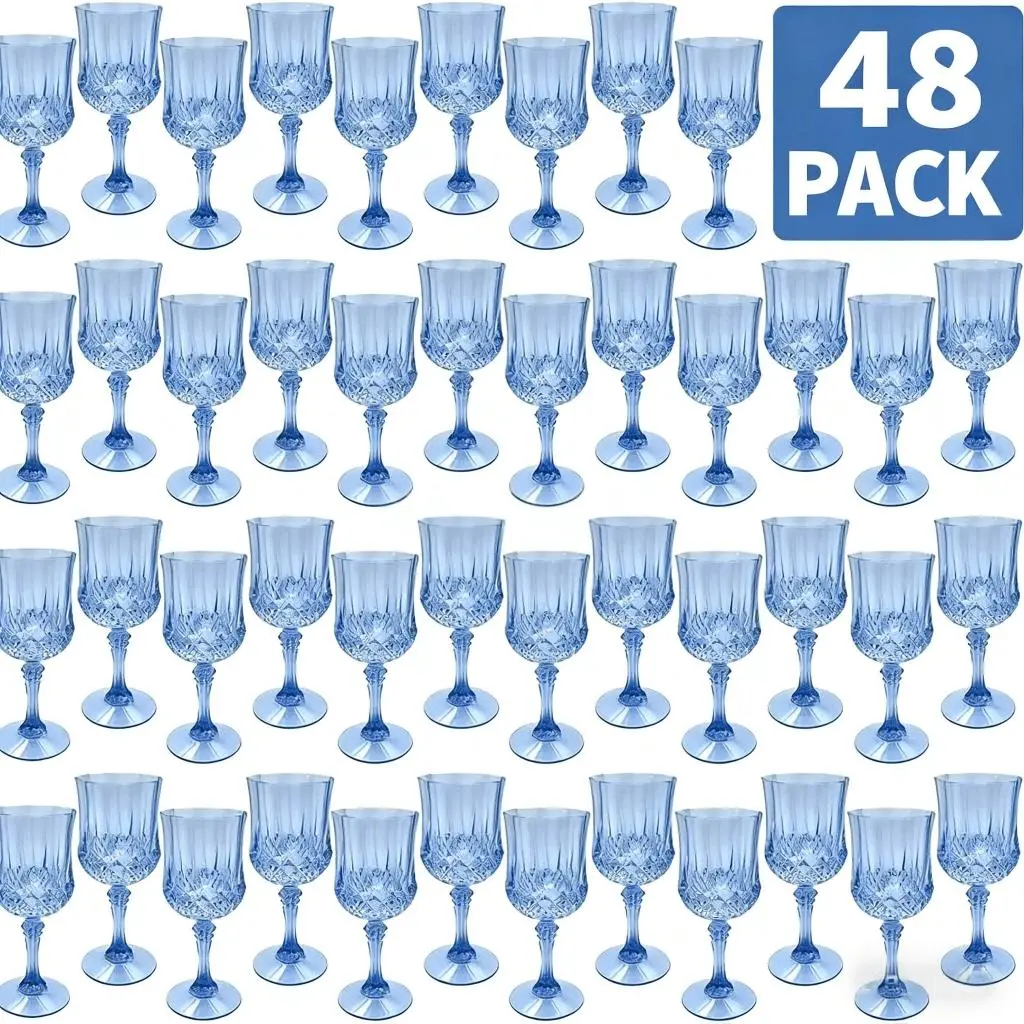 7oz Blue Reusable Plastic Vintage Champagne Flute Stemware (48-Pack) - Drinking Glasses, Cocktail Cups, Wine Glass Set for Weddings, Birthday, Halloween Home & Festive Party Supplies