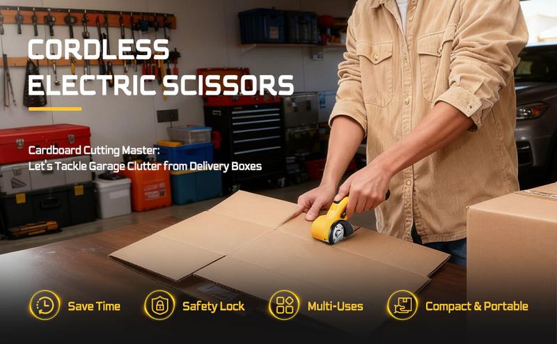 BaycoreX Cordless Electric Scissors,Cardboard Cutter Rechargeable, Electric Box Cutters with 1 Blade, 4V Upgrade Motor,Safety Lock & LED Light, Powerful Cutting Tool for Paper,Fabric,Carpet-Yellow