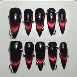 Handmade Gothic Vampire Press On Nails | Red Black Ombre with Metal Spikes & Rings | Nails For Edgy Punk Vibes