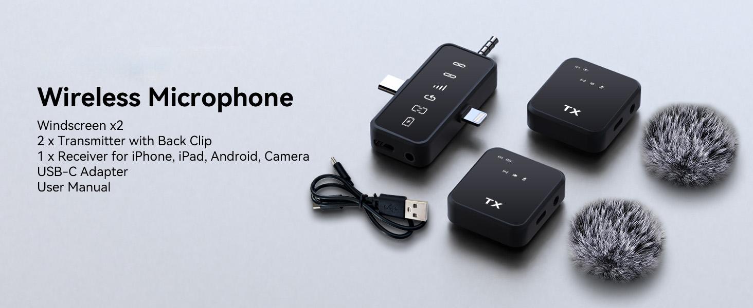 3 in 1 Microphone for iPhone/Android/Camera, Wireless Microphones, 328ft Transmission, 18H Battery Life, Mini Microphone for Record Interview, Vlogs, Tiktok