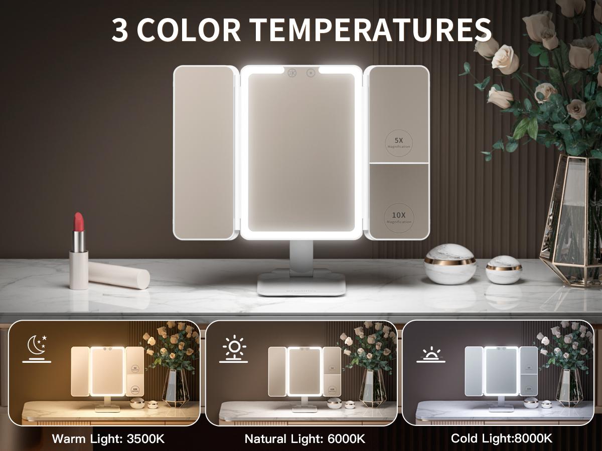 BEAUTIFIVE Tri-fold Travel Makeup Mirror with 48 LED Lights, 1X/5X/10X Rechargeable Vanity Mirror with Light, Portable Magnifying Mirror with Light, Stepless Dimming and Touch Control Table Mirror, Perfect Gift for Her, SummerVibes