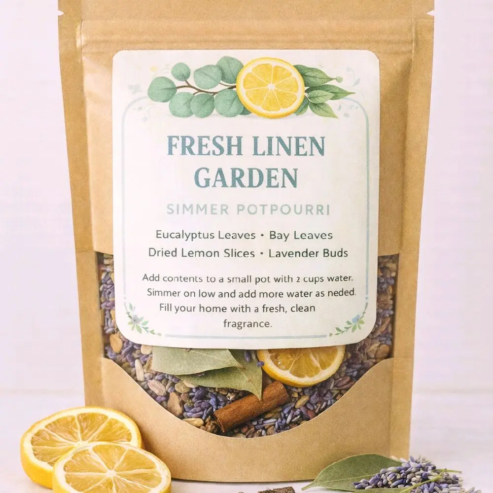 Fresh Linen Citrus Scented Potpourri Stove-Top Aroma Kit - Handmade Refreshing Blend with Eucalyptus, Kraft Pouch, Kitchen Farmhouse Spring Home Fragrance, Ideal Gift for Home Care Enthusiasts