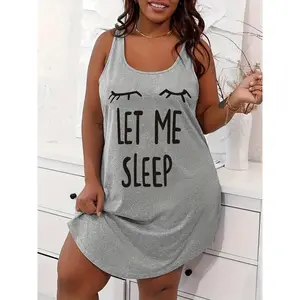 Women's Plus Casual Sleep Dress, Plus Size Eyelash & Letter Print Racer Back Tank Nightdress