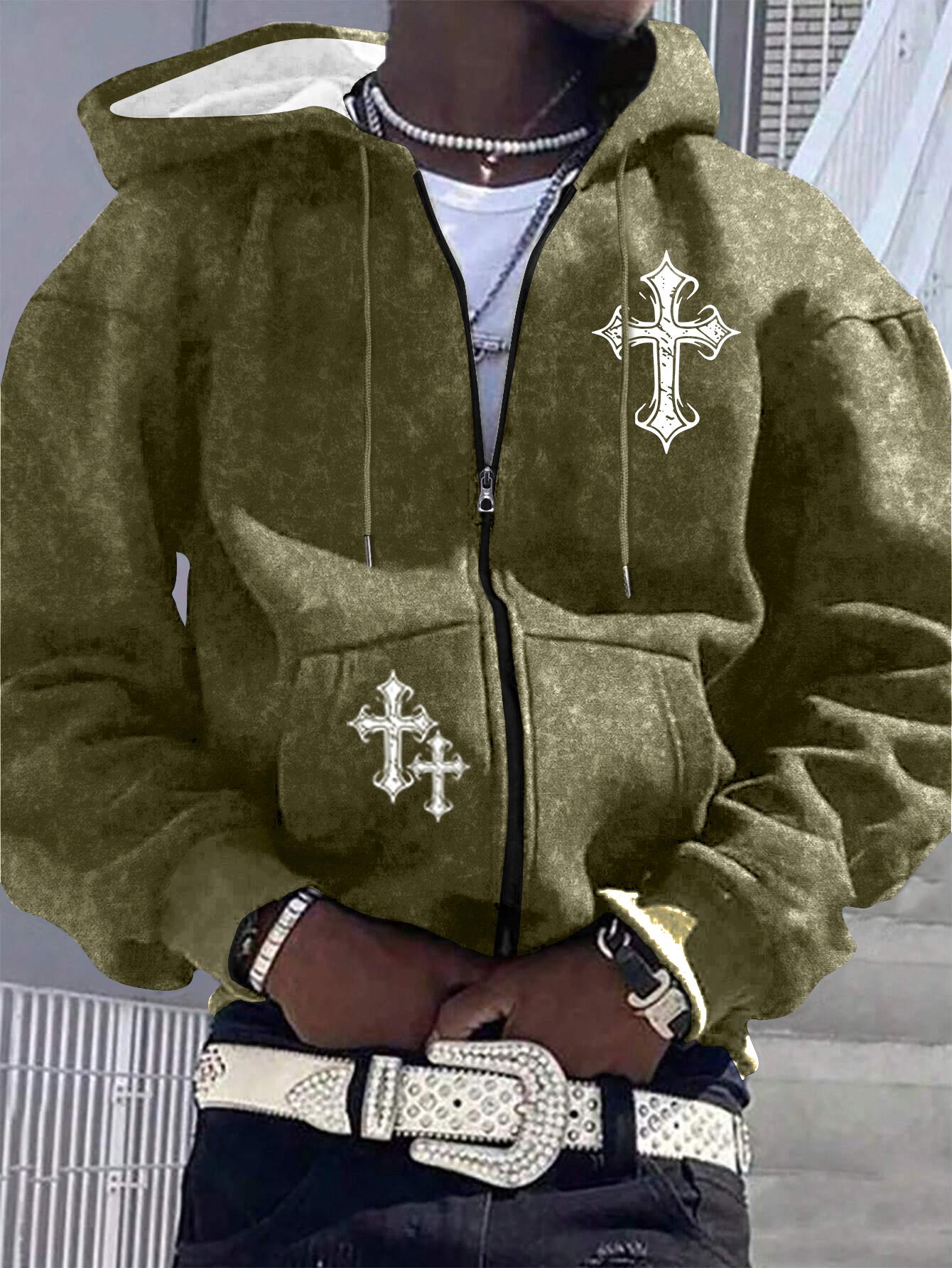 Spring and Autumn New Men's Jacket Cross Printed Pattern Zip Pocket Regular Large Size Travel Holiday Outdoor Camping Men's Top Clothes