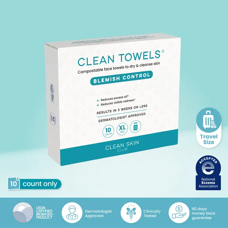 CLEAN SKIN CLUB Blemish Control Clean Travel Pack 10 Face Towels XL TSA-Approved