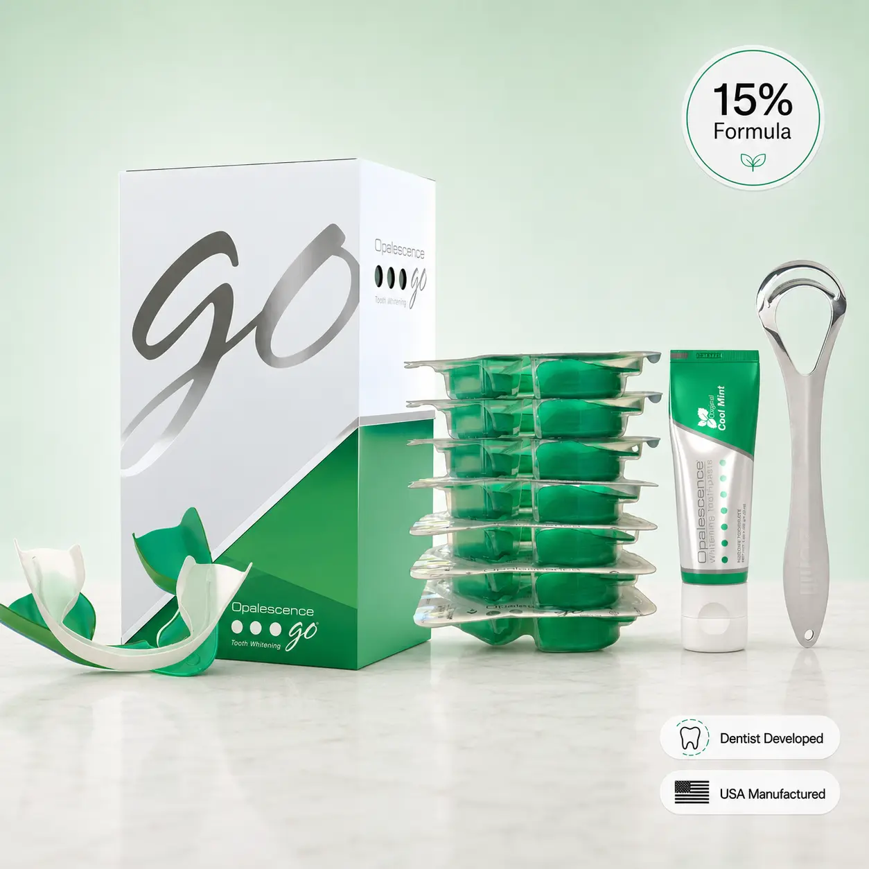 Opalescence Go 15% Prefilled Oral Teeth Whitening Trays Bundle, Including Travel Toothpaste and Tongue Scraper