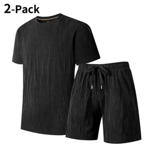 Men’s textured jacquard short-sleeve two-piece set | Casual T-shirt + shorts matching set | Lightweight, breathable summer outfit suitable for everyday wear, street style, and home leisure