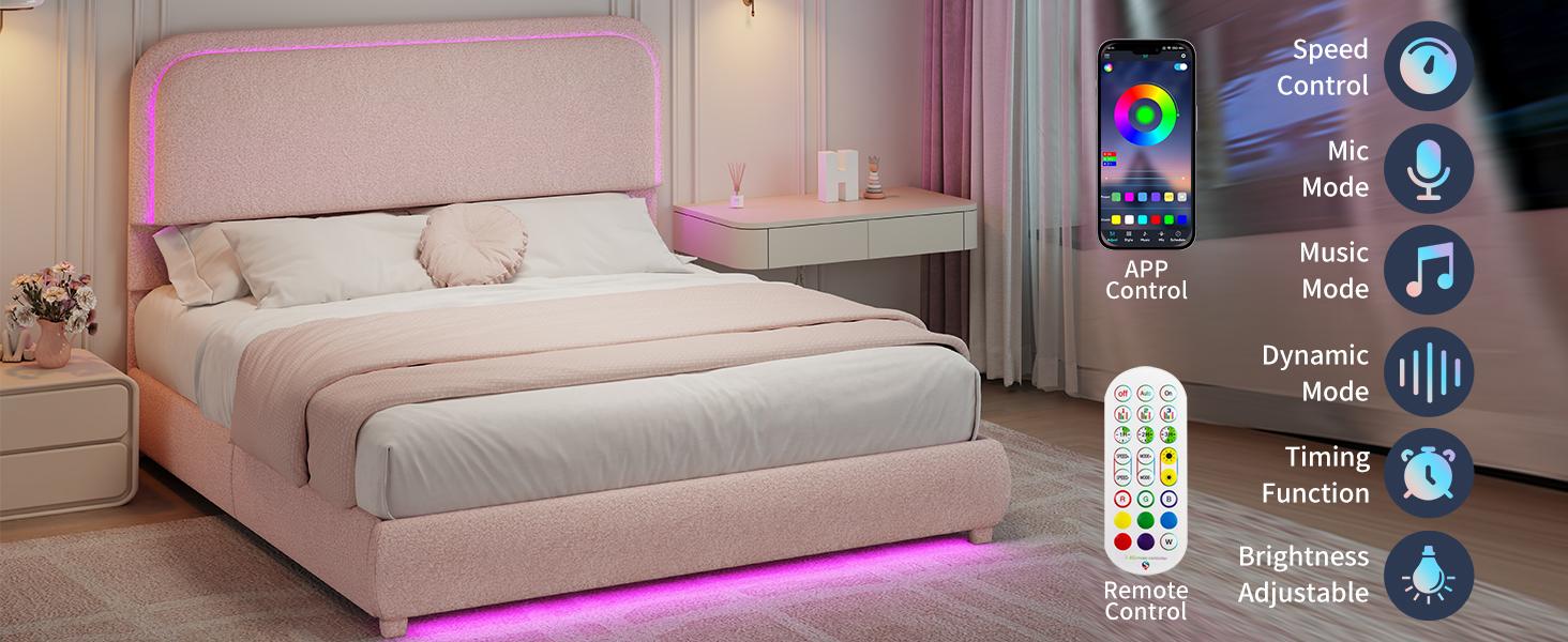 New Arrival Queen LED Bed Frame with 2 Drawers, Teddy Fleece Rounded Upholstered Platform, Headboard, No Box Spring, Quiet, Easy Assembly-Cream,Pink
