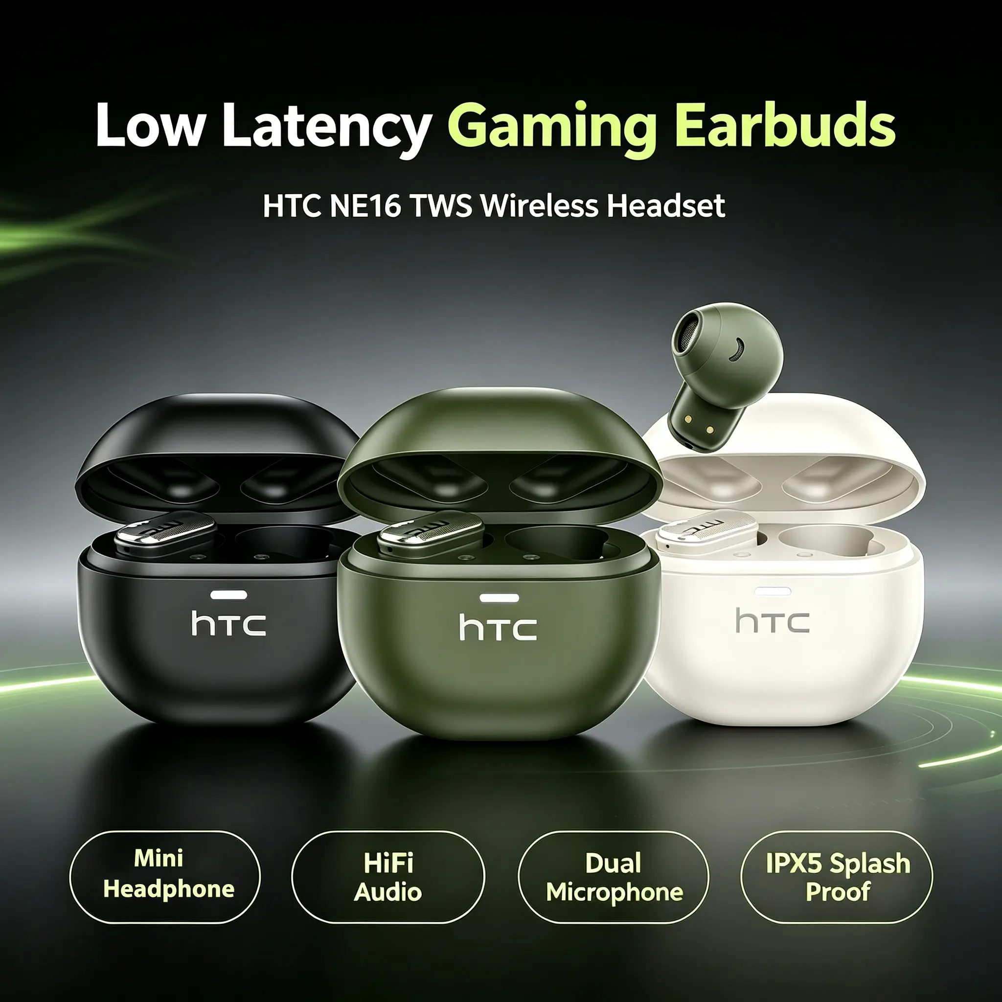 HTC NE16 TWS Wireless Earbuds Bluetooth 6.0 Low Latency Gaming Headphones, HiFi Stereo Sound IPX5 Waterproof Earphones with Built-in Mic for Sports Office Study Clear Calls