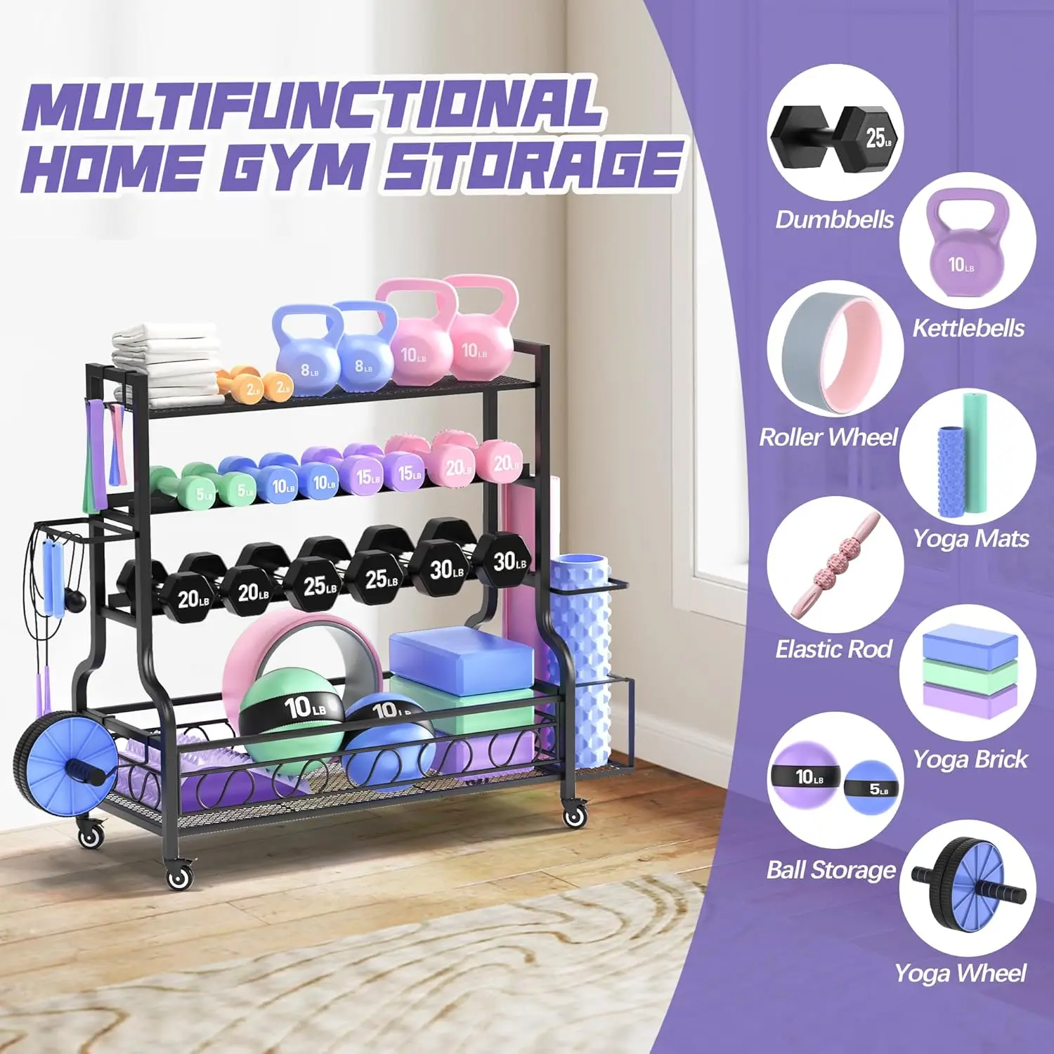 Adjustable Dumbbell Rack, Weight Rack for Home Gym Storage, Home Gym Storage for Stores Dumbbells, Kettlebells and Yoga Mats, All in One Workout Storage Racks with Wheels and Hooks, Durable Powder Coated Steel